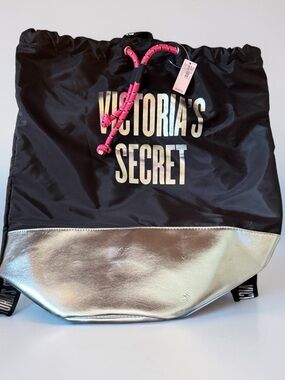 NWT Victoria's Secret Black Backpack with Silver Base and Pink Cord